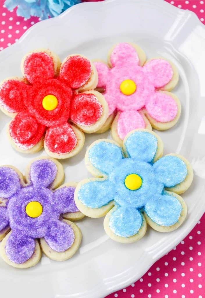 Overhead view of of spring flower lemon sugar cookies.