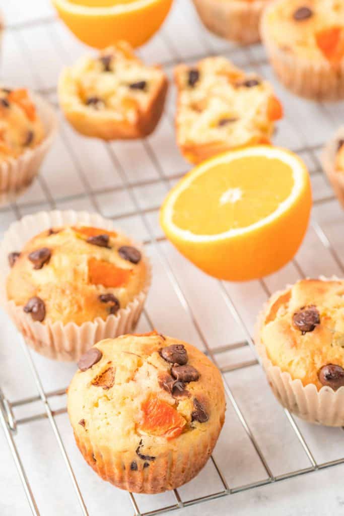 Closeup of chocolate chip orange muffins.