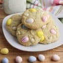 Cadbury Mini Eggs Cookies on a white plate.