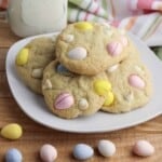 Cadbury Mini Eggs Cookies on a white plate.