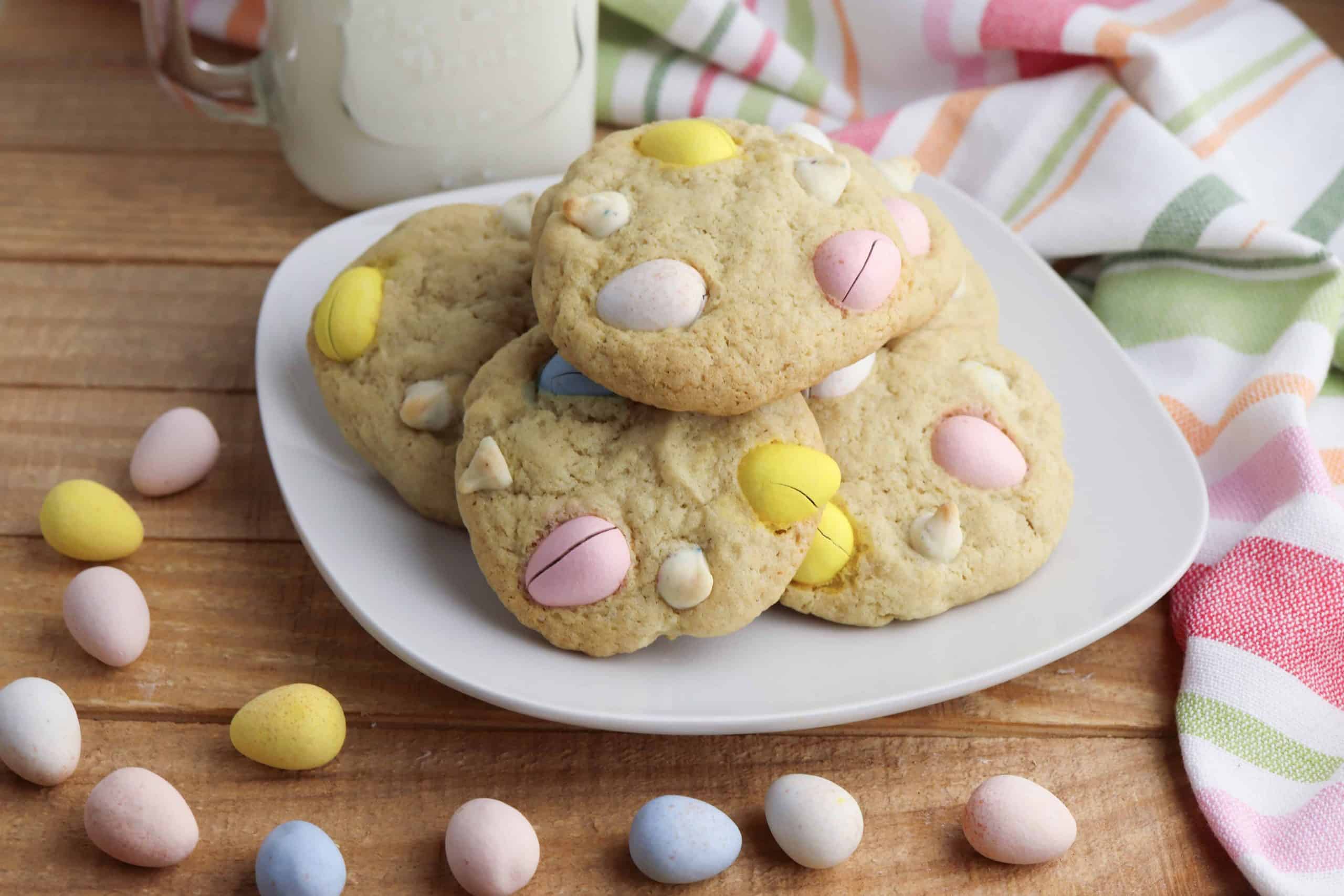 Cadbury Mini Eggs Cookies on a white plate.