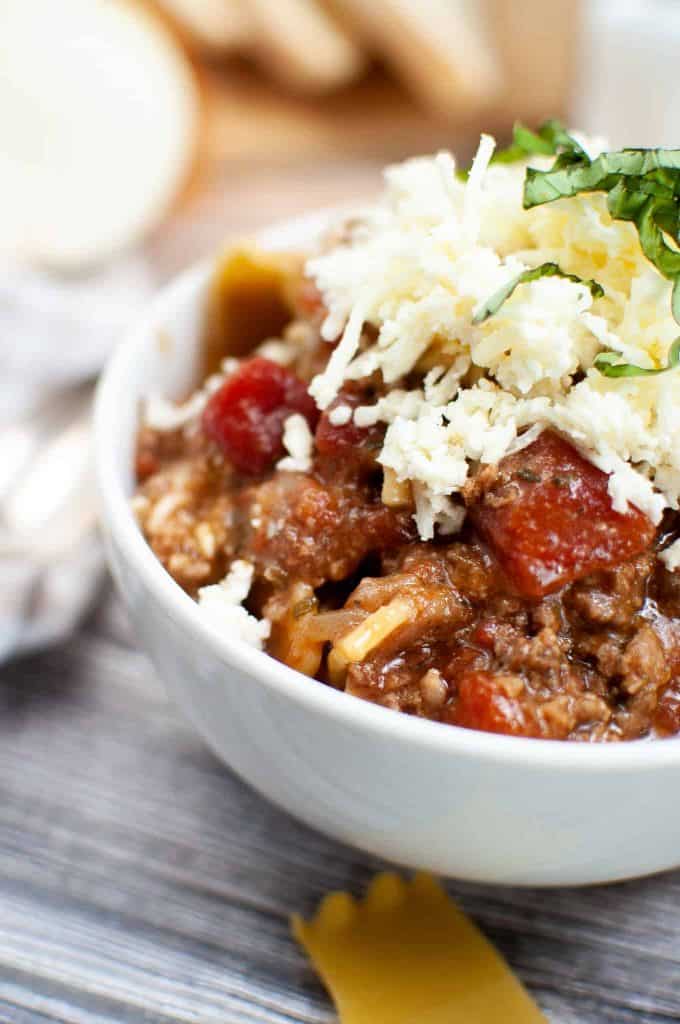 Closeup of lasagna soup.