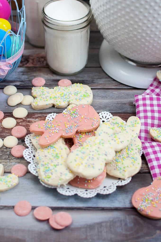 Easter bunny cookies on a white plate.
