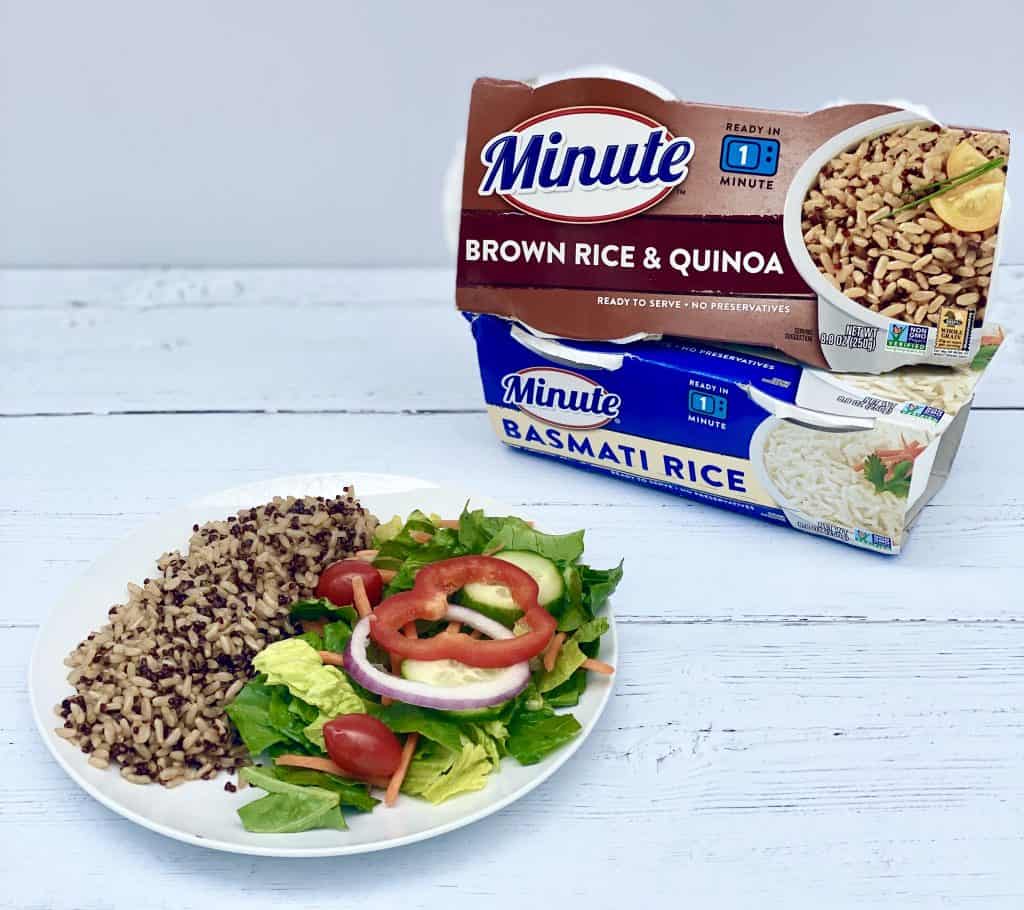 Minute Rice cups and plate of brown rice, quinoa and salad.