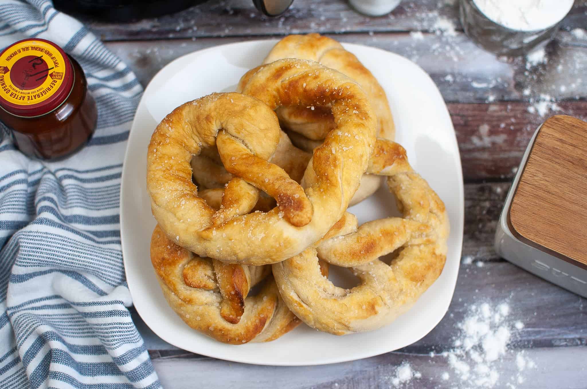 Overhead view of Auntie Anne's Copycat Soft Pretzels recipe cooked in the air fryer.