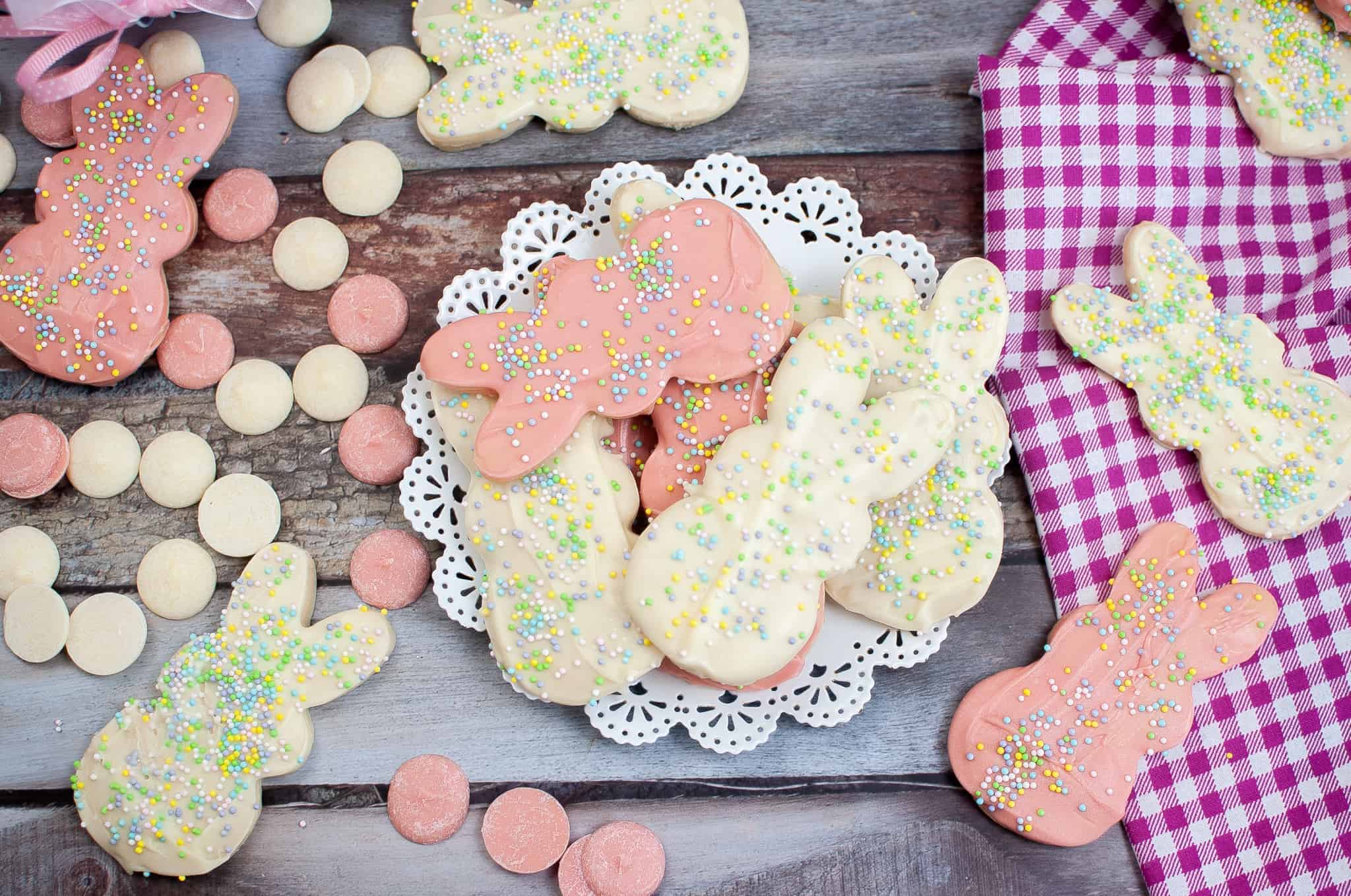 Overhead view of Easter bunny cookies.