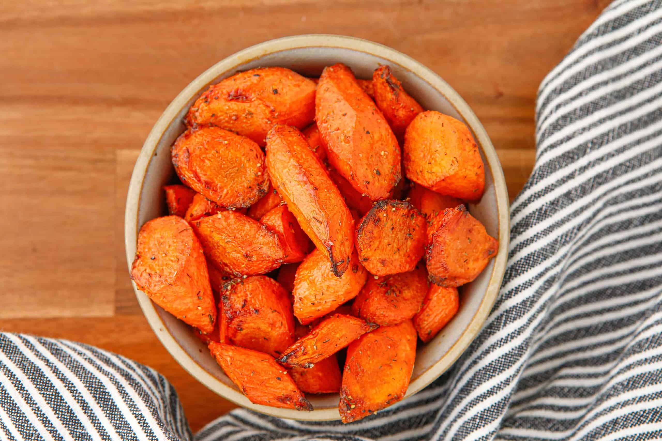 Overhead view of honey glazed air fryer carrots.