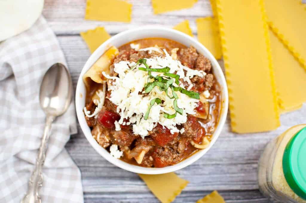 Overhead view of lasagna soup.