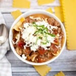 Overhead view of lasagna soup.