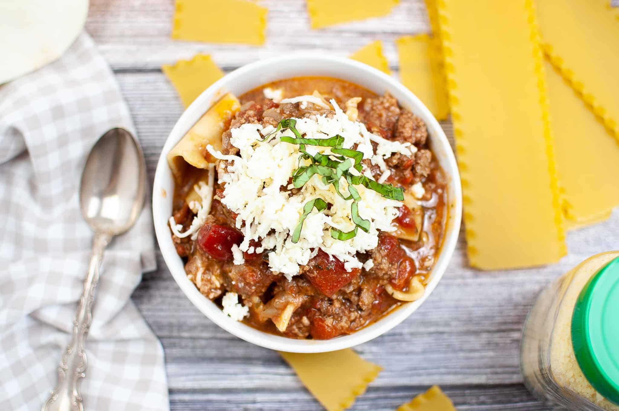 Overhead view of lasagna soup.