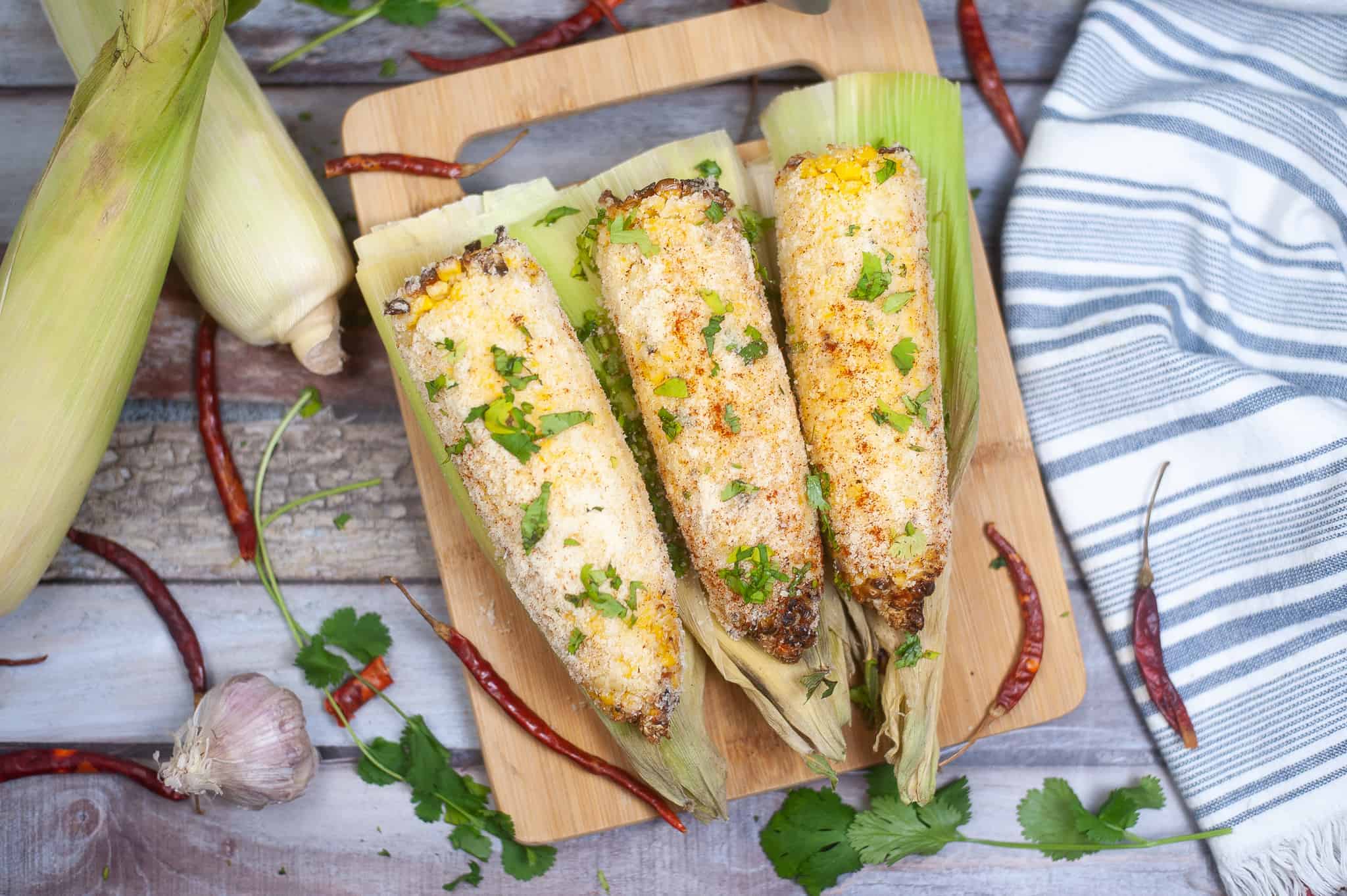 Overhead view of air fryer street corn.