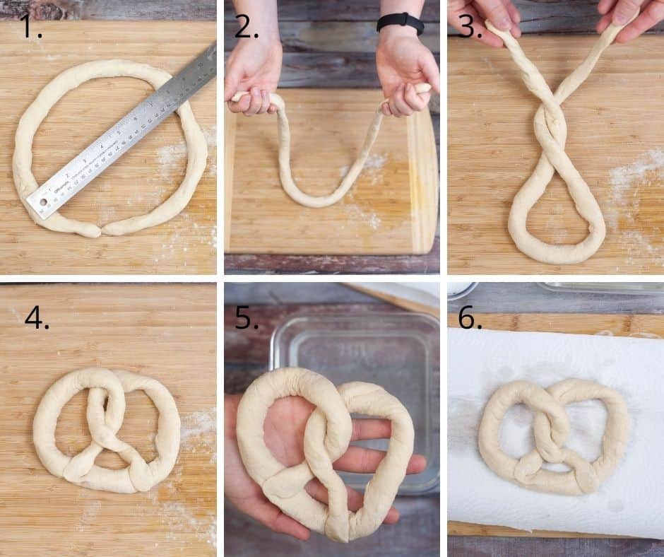 Steps for twisting dough into pretzels.