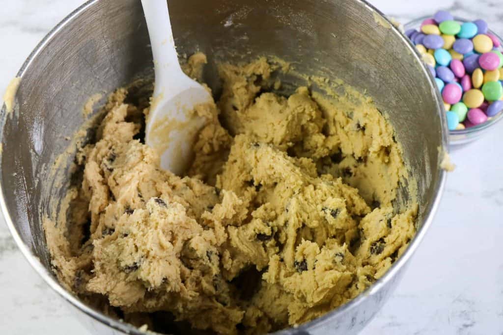 Chocolate chip cookie dough with m and m's.