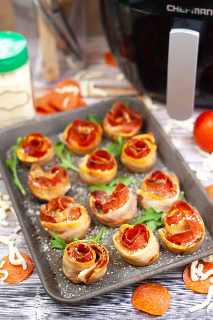 Cooked Air Fryer Pepperoni Pizza Roses on a baking sheet.