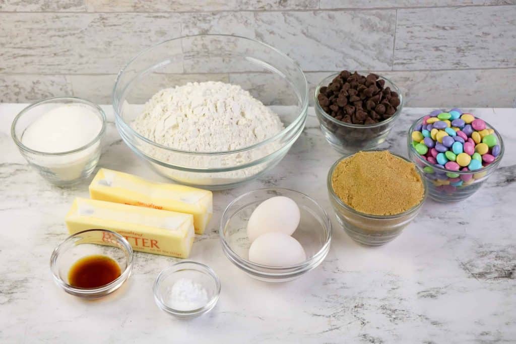 Ingredients for chocolate chip Easter cookies with M&M's.