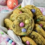 Overhead view of M&M Easter Cookies with chocolate chips.