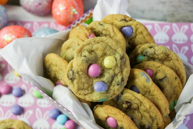 Overhead view of M&M Easter Cookies with chocolate chips.