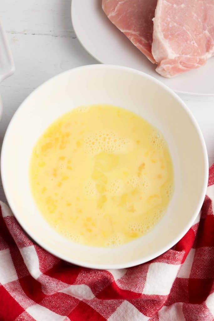 Whisked egg in bowl.