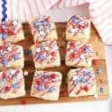4th of July Rice Krispies Treats on a cutting board.