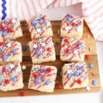 4th of July Rice Krispies Treats on a cutting board.