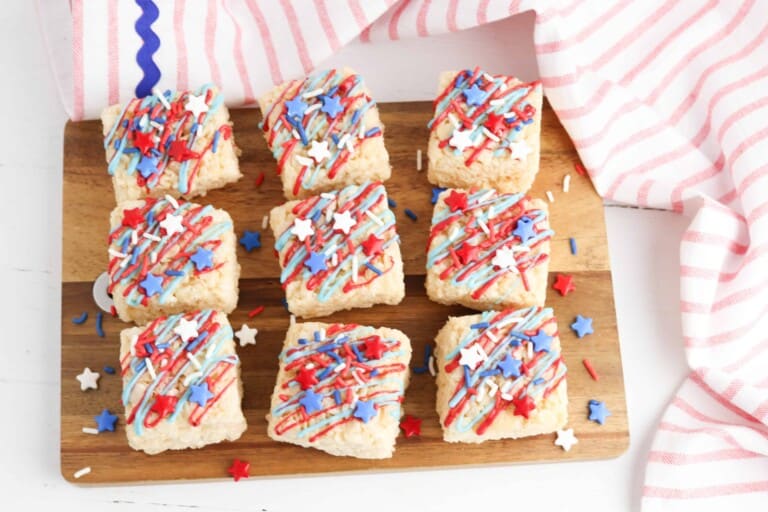 4th of July Rice Krispies Treats on a cutting board.