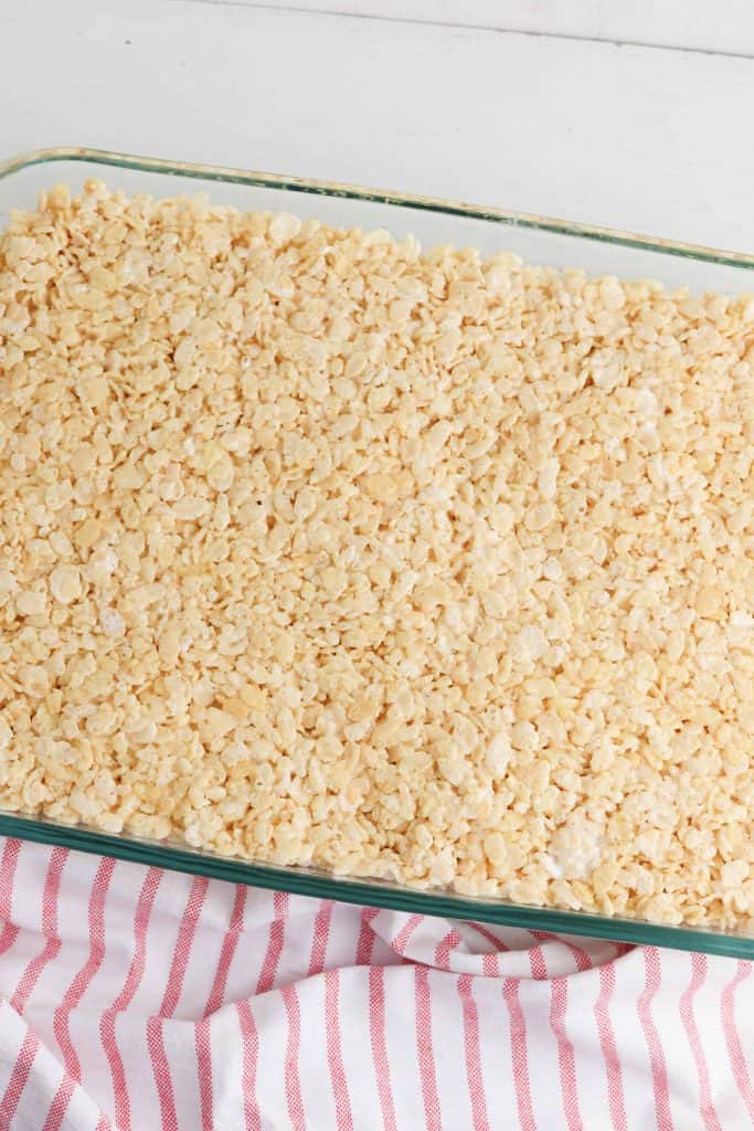 Rice Krispies Treats in a baking dish.