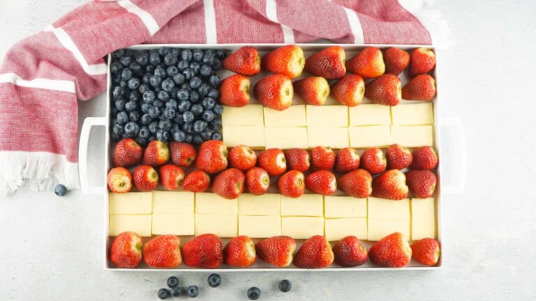 Red, white and blue fruit and cheese platter.