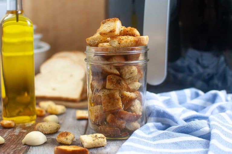 Homemade croutons in a Mason jar.