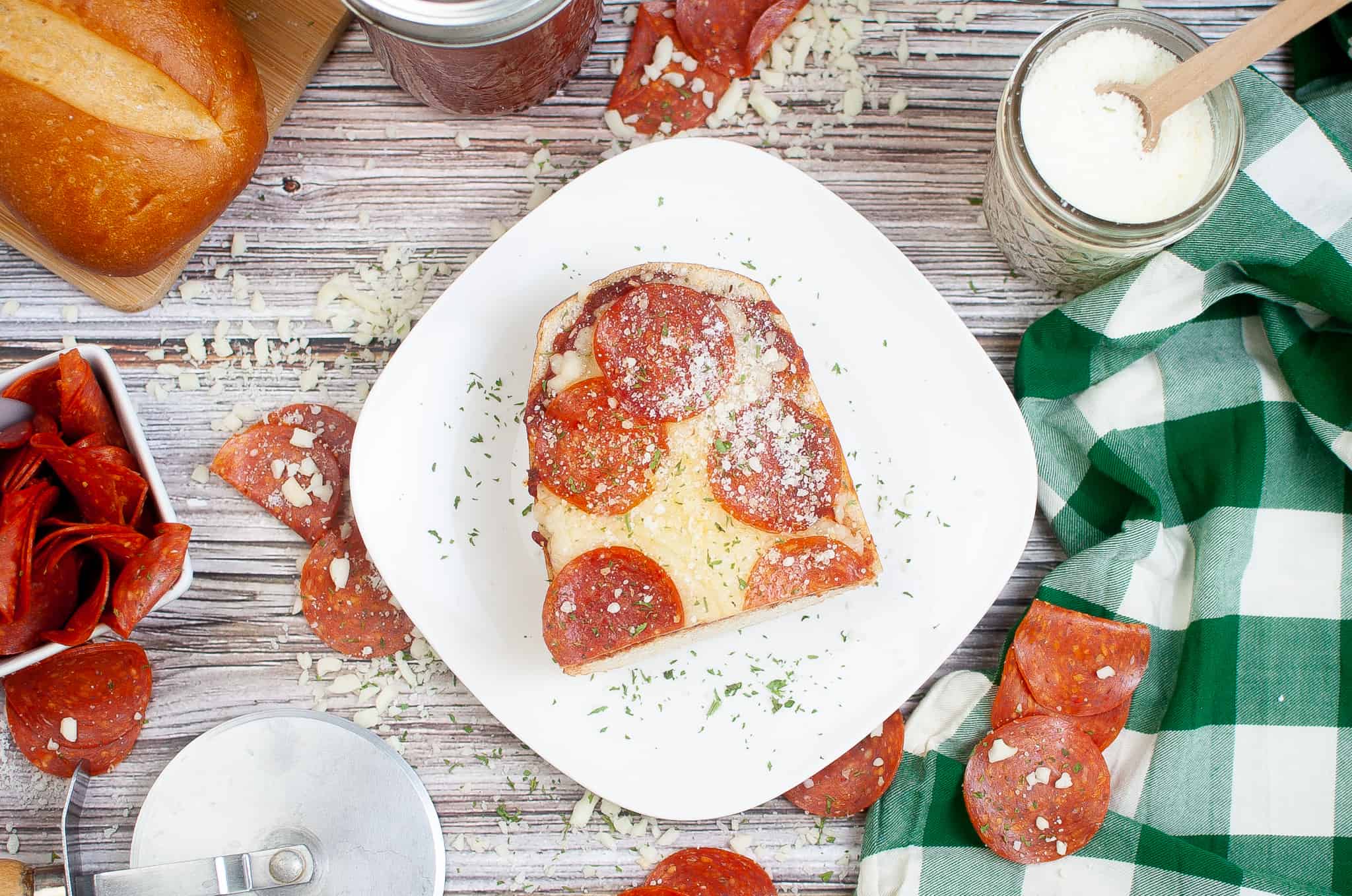 Overhead view of French Bread Pepperoni Pizza.