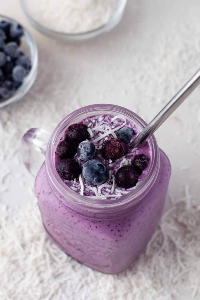 Overhead view of blueberry smoothie
