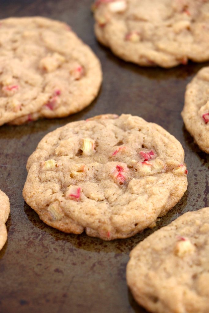 Baked rhubarb cookies on a baking sheet
