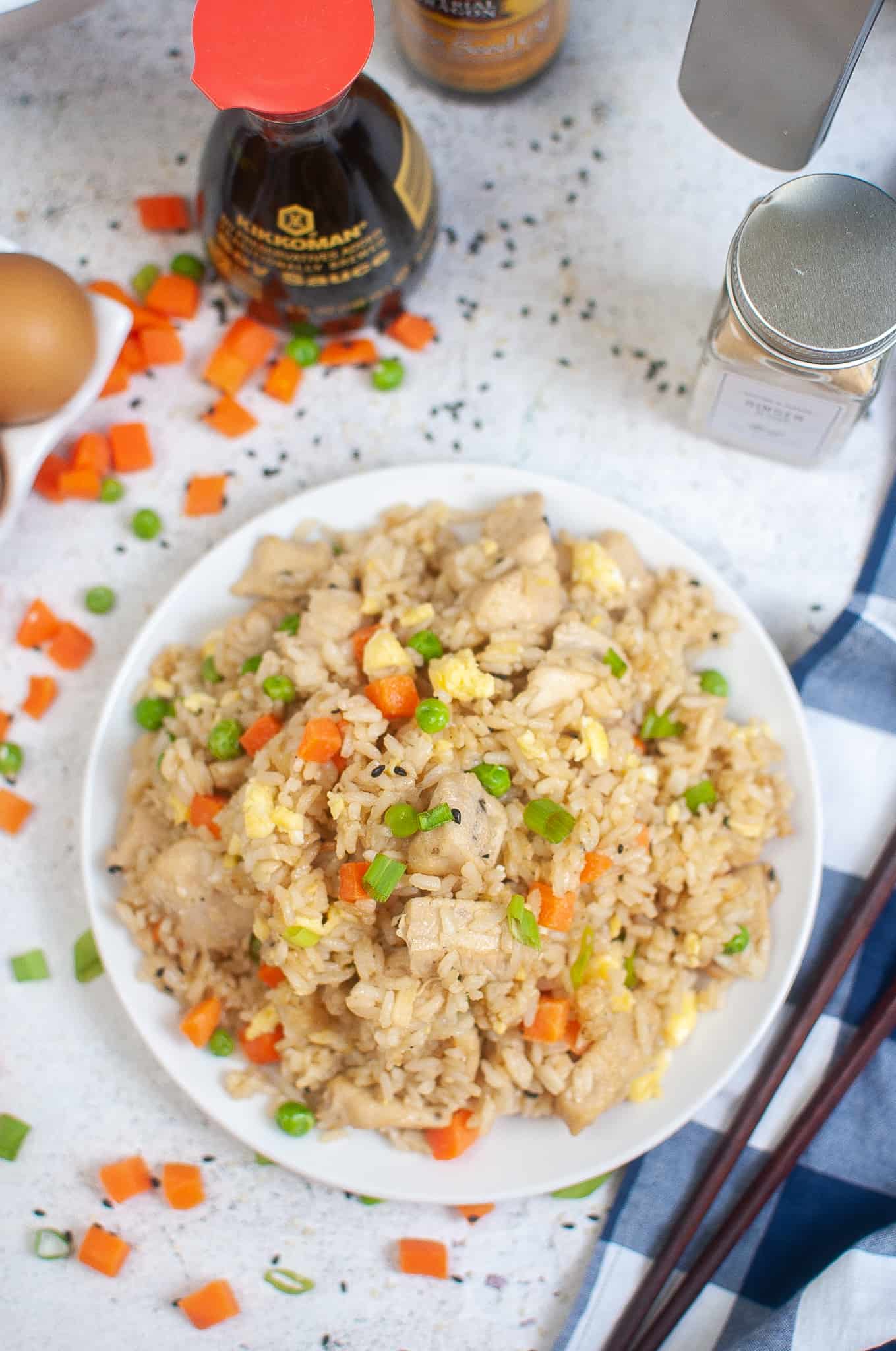 Overhead view of Air Fryer Fried Rice.