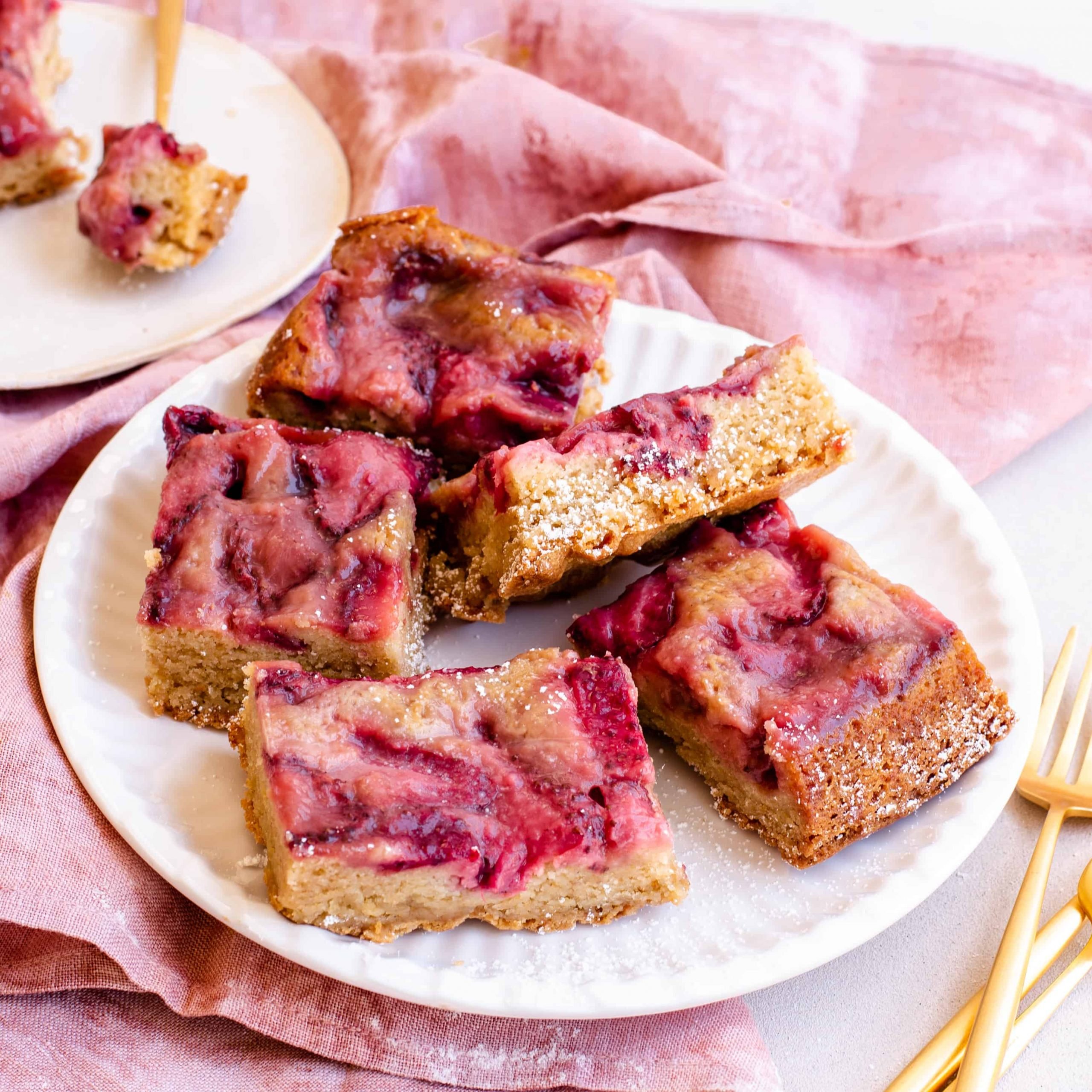 Strawberry Upside Down Bars on a white plate.