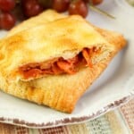 Closeup of pepperoni pizza pocket on a white plate.