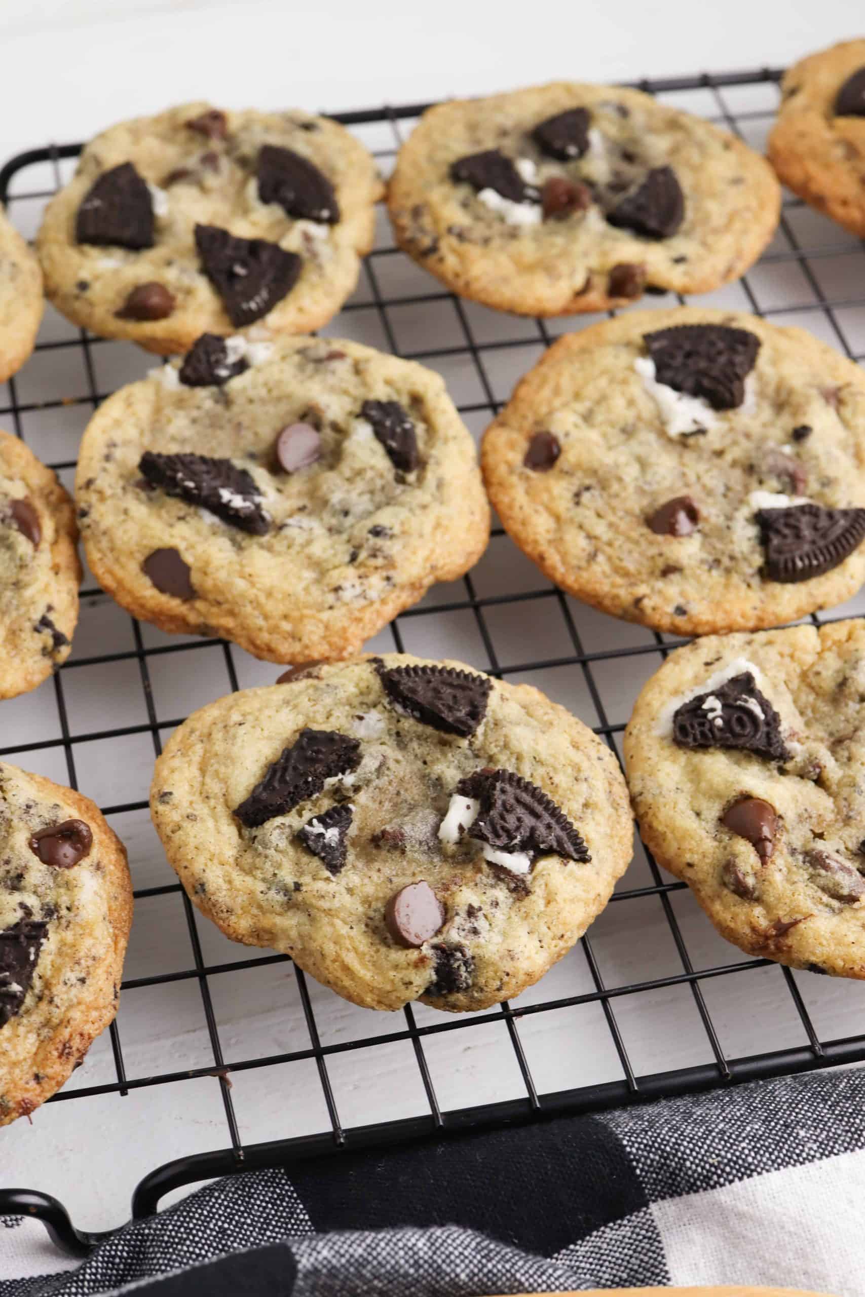 Oreo Chocolate Chip Cookies on a wire rack.
