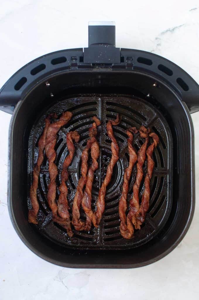 Cooked bacon twists in air fryer.
