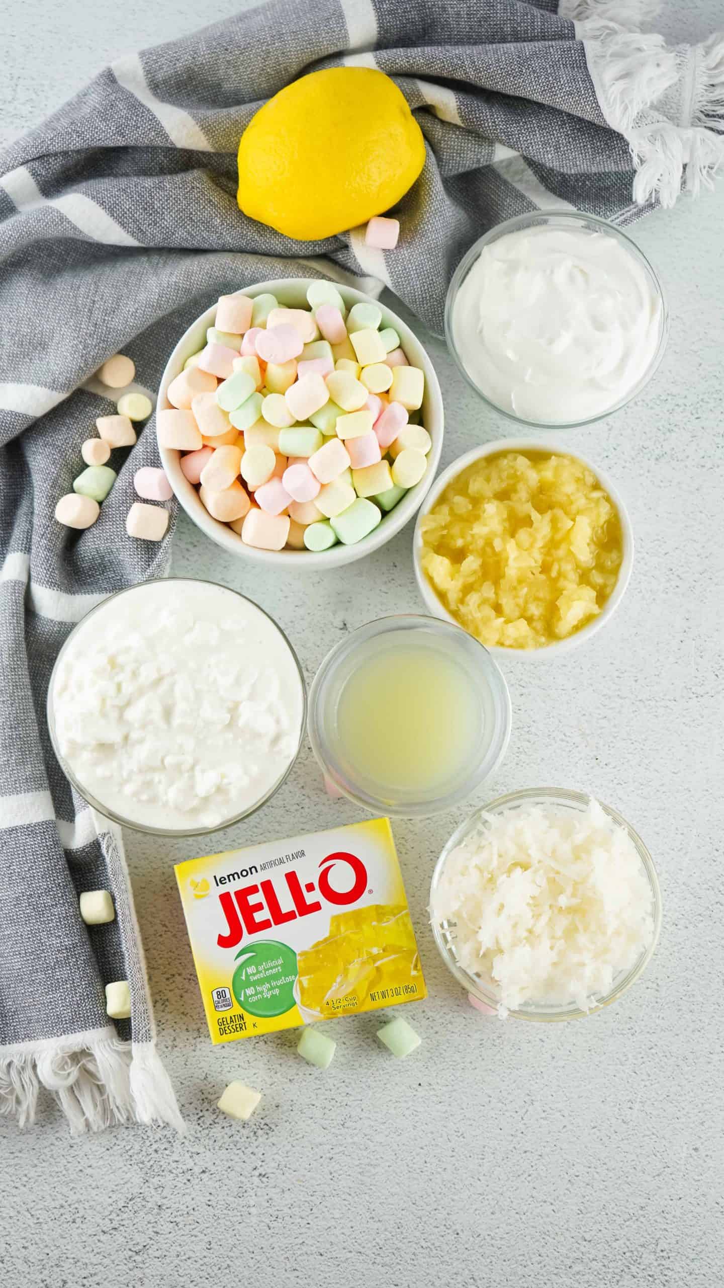 Ingredients for fluffy salad with lemon jello.