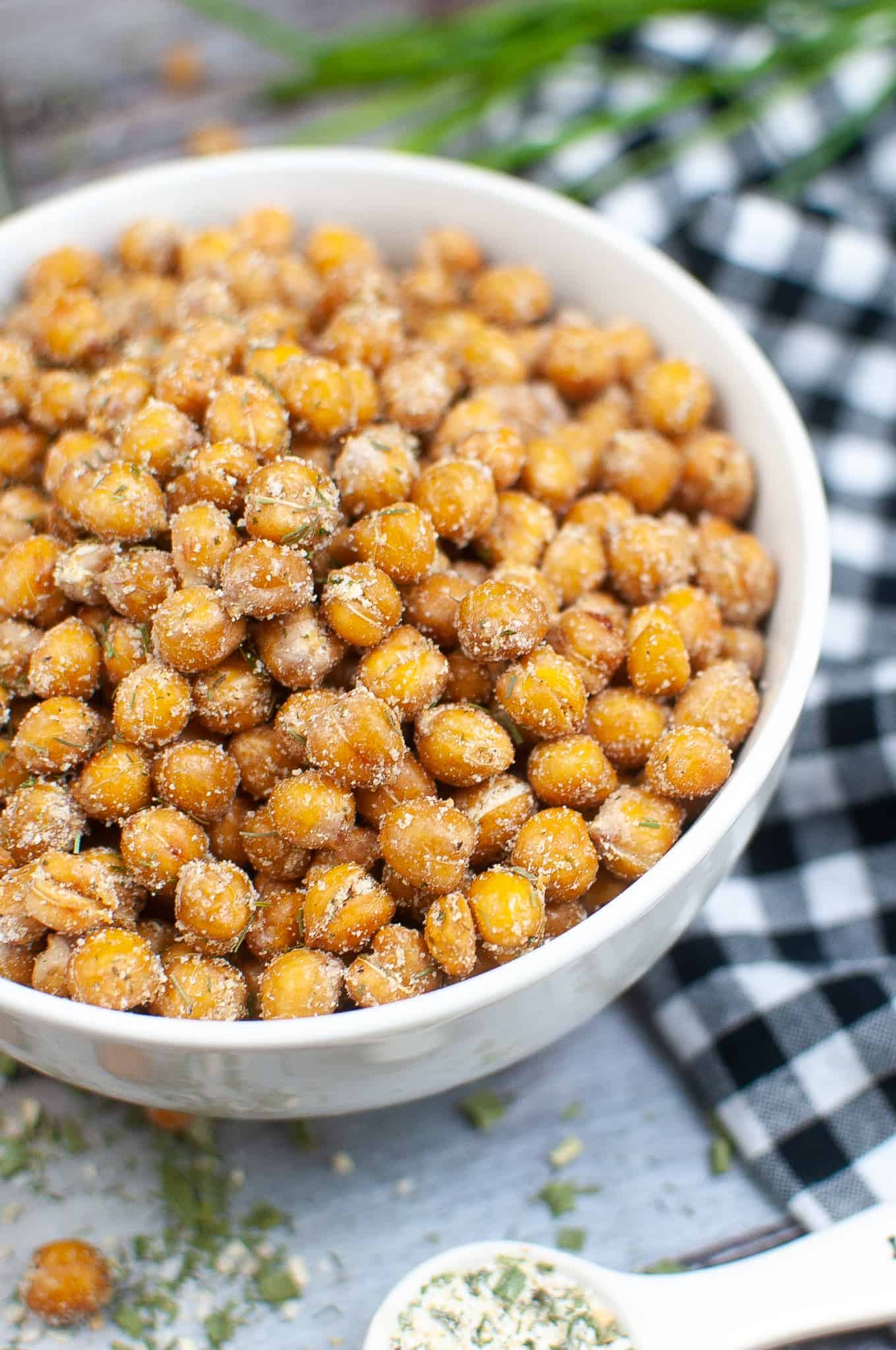 Closeup of Ranch chickpeas in a white bowl.