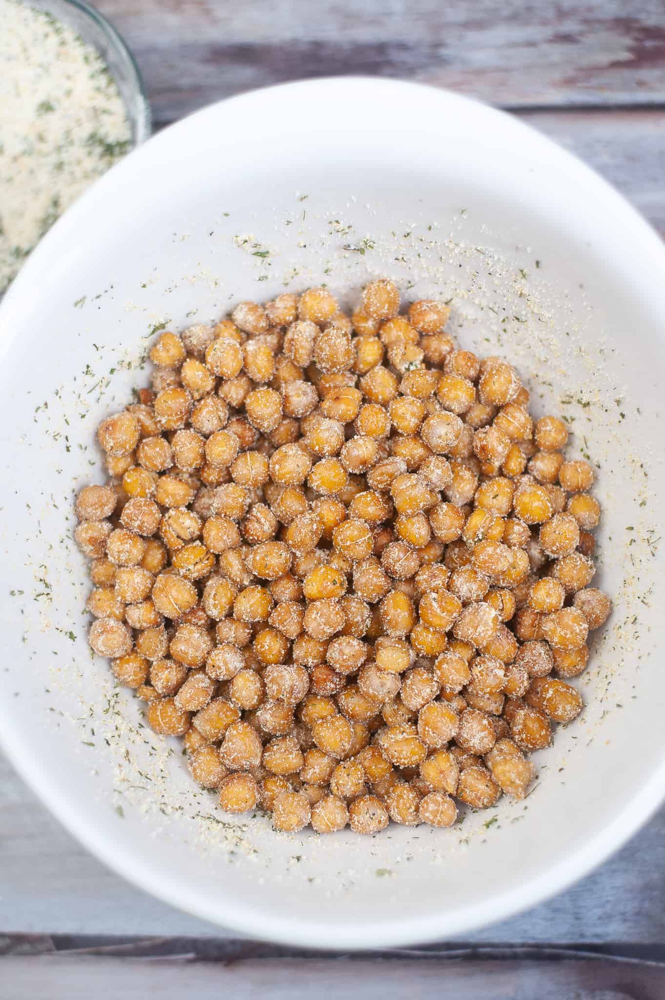 Overhead view of Ranch chickpeas in a white bowl.