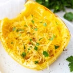 Spaghetti squash on a plate.