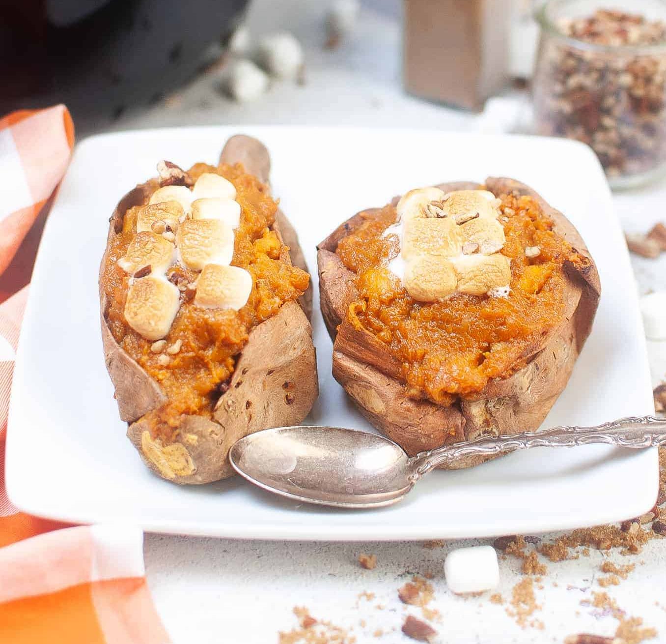 Air Fryer Stuffed Sweet Potato on a white plate.