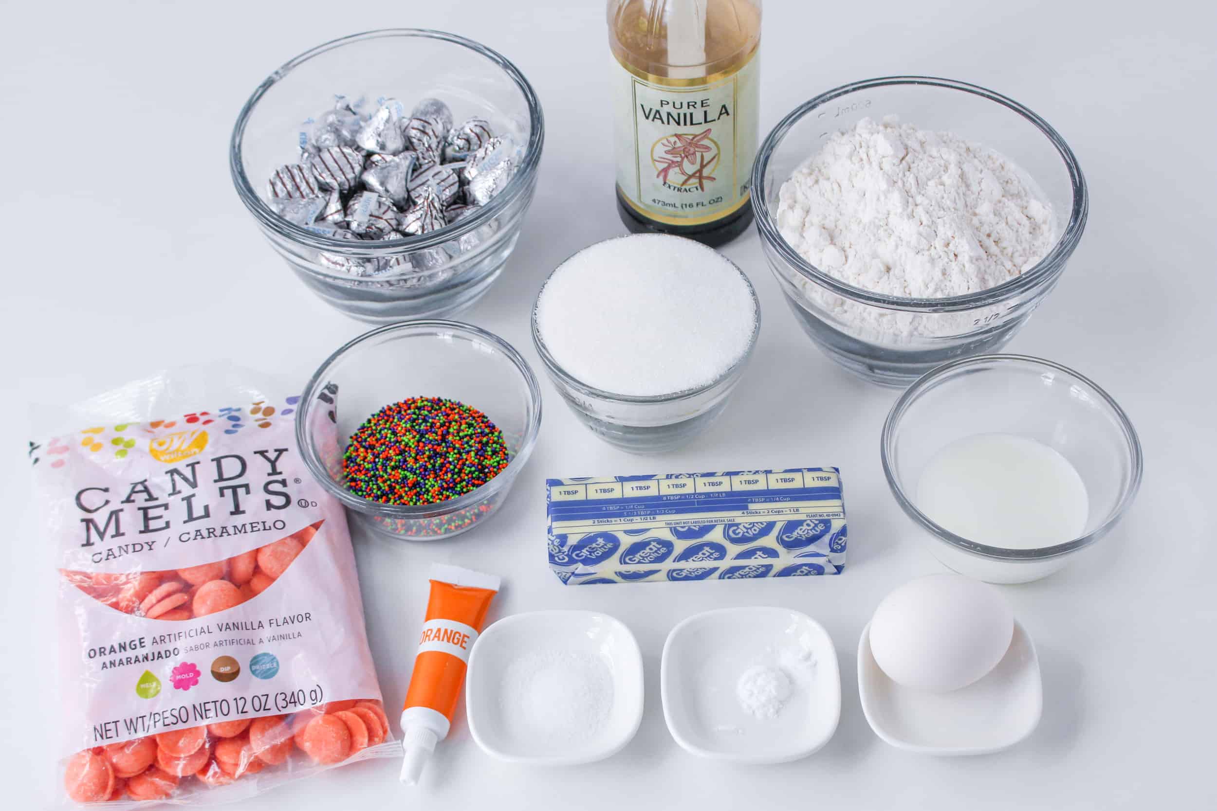 Ingredients for Halloween sprinkle cookies with Hershey's Kisses.