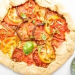 Overhead view of heirloom tomato galette