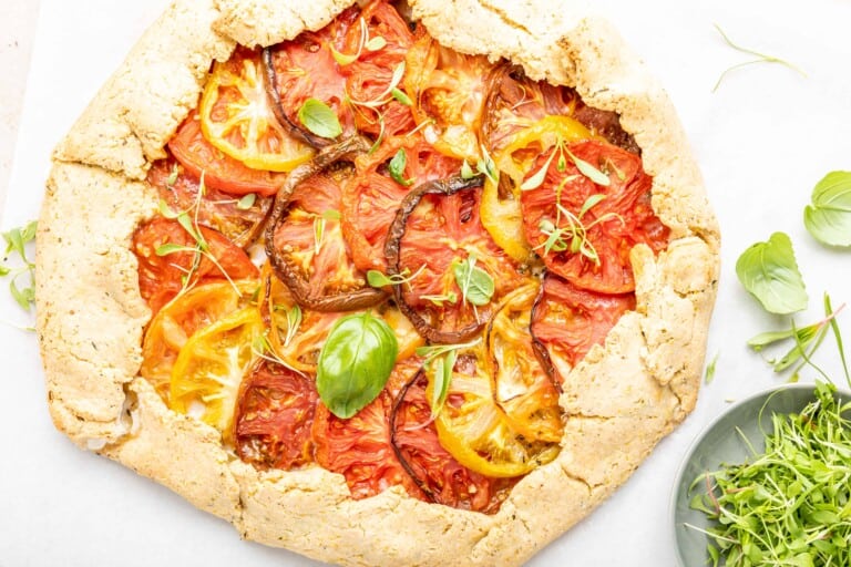 Overhead view of heirloom tomato galette