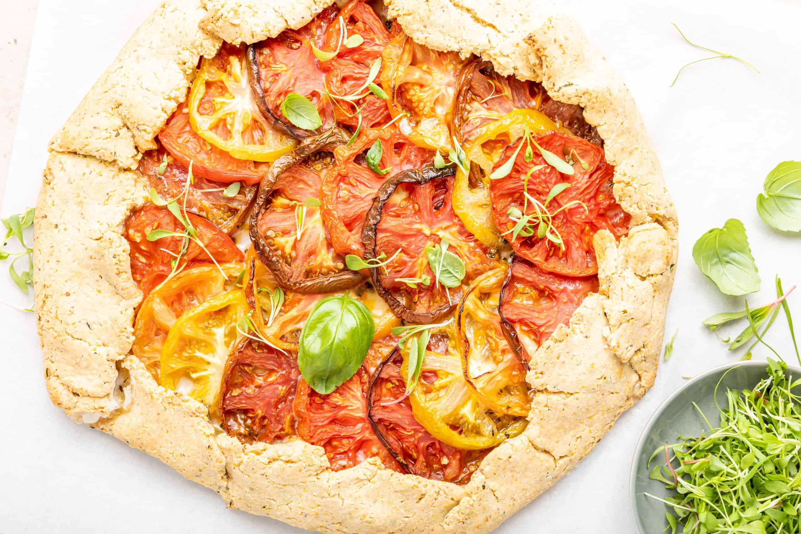 Overhead view of heirloom tomato galette