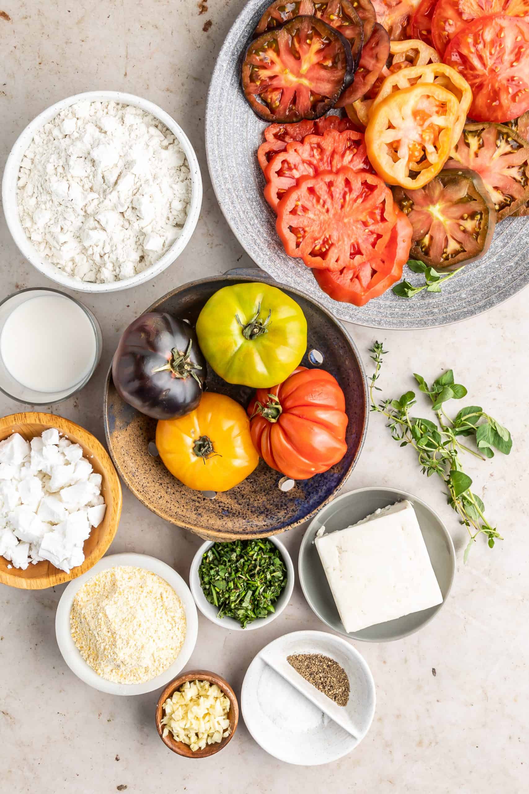 Overhead view of Heirloom Tomato Galette Ingredients