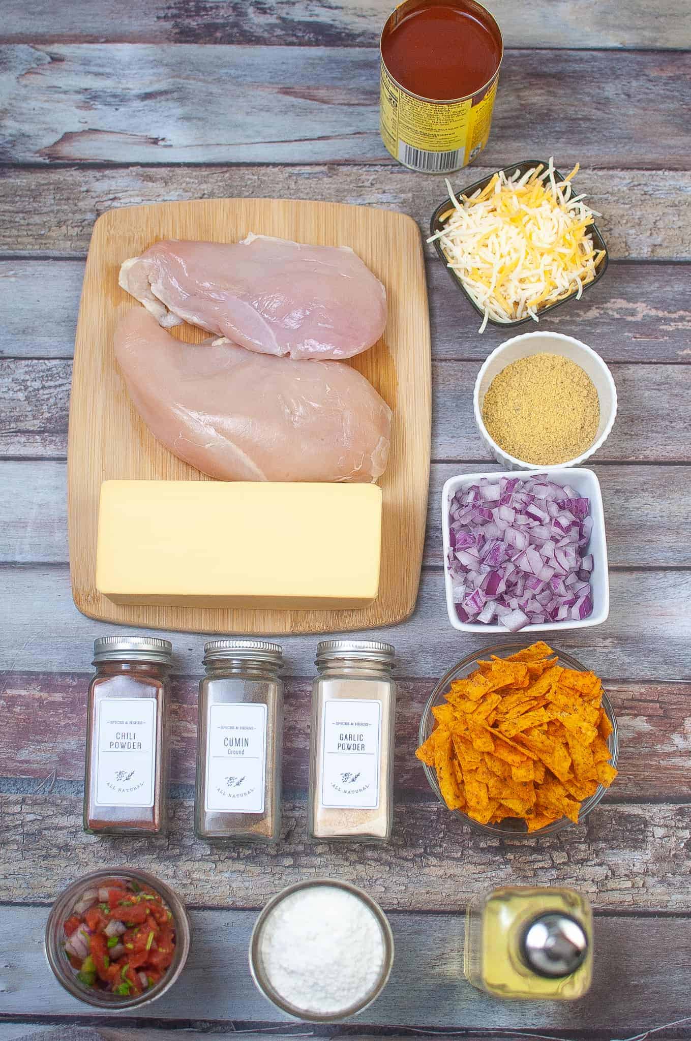 Overhead photo of chicken Enchilada Soup Ingredients.