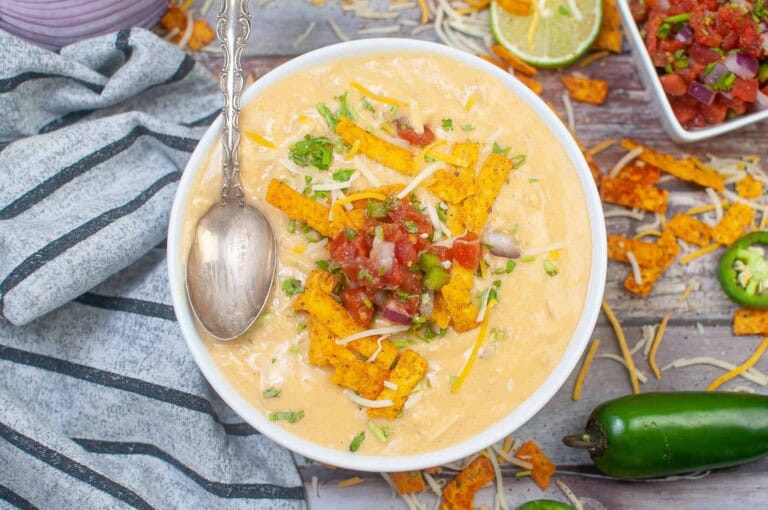 Overhead view of Chicken Enchilada Soup