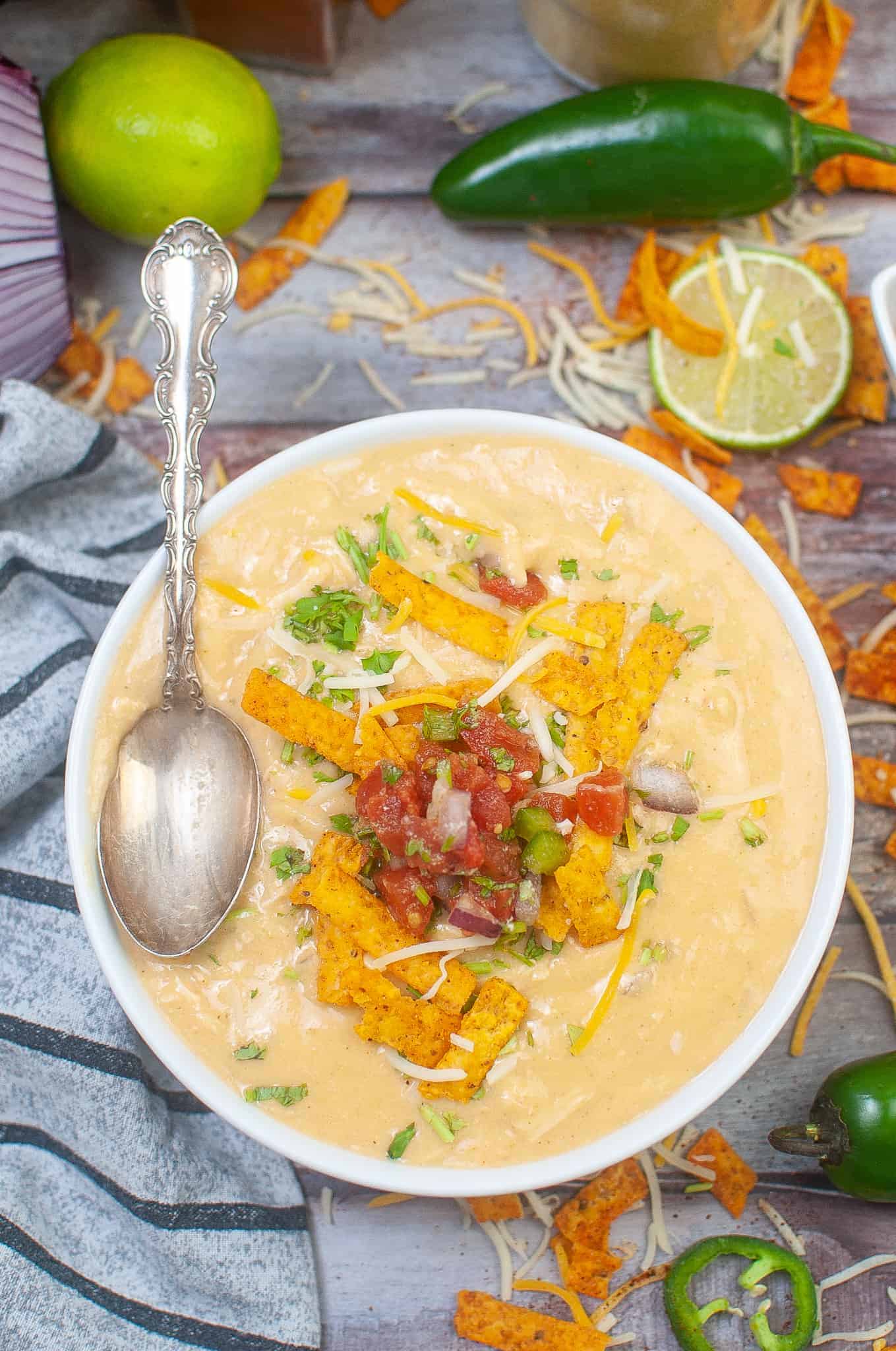 Overhead view of Chicken Enchilada Soup Chilis Copycat Recipe.