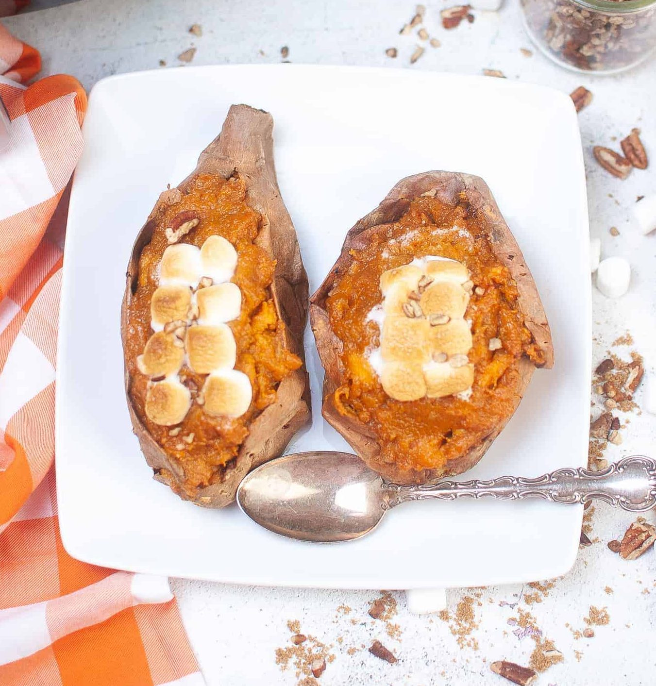 Overhead view of air fryer stuffed sweet potatoes.